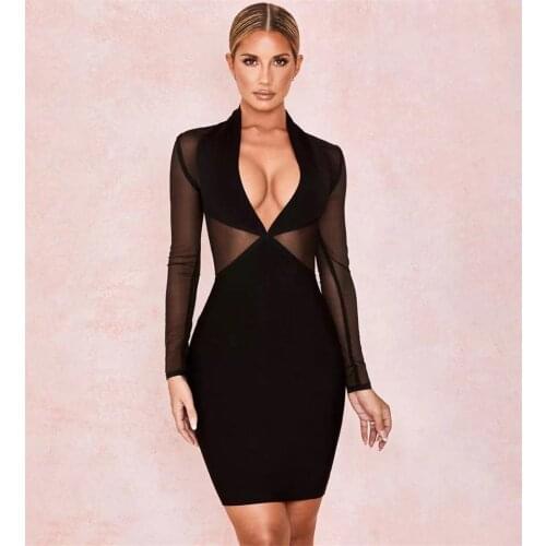 Deep V-neck sexy dress Mesh long sleeve autumn and winter party Black Mini tight dress