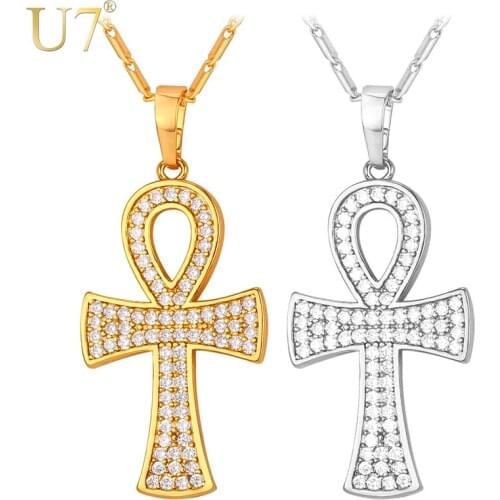 U7 Brand Ankh Necklace & Pendant The Key of the Nile Gold Color Chain For Women/Men Jewelry Cubic Zirconia Egyptian Cross P1003