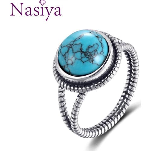 Real 925 Sterling Silver Rings with 10MM Round Natural Turquoise Womens Wedding Party Anniversary Fine Jewelry Ring Wholesale