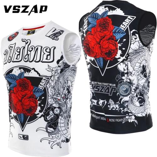 VSZAP Rose MMA Boxing Sports T Shirt Muay Thai Fighting Fitness Elasticity Shirt Sleeveless Boxing Clothing Muay Thai Shorts MMA