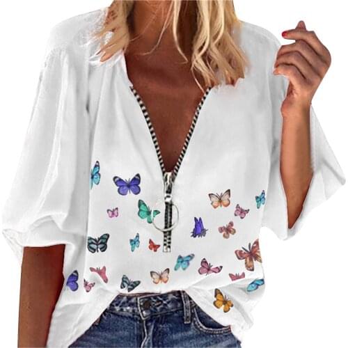 Summer 2021 Harajuku T shirt Women Classic Butterfly Printing Graphic Tee Comfy zipper Up Long sleeve Pullover V-Neck T shirts