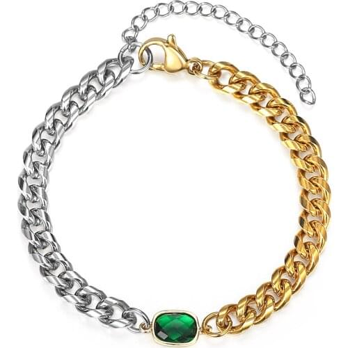 Women Girls Stylish Bracelet Adjustable Unique Stainless Steel Curb Cuban link Emerald Green Stone Charm Female Bracelet DDB325