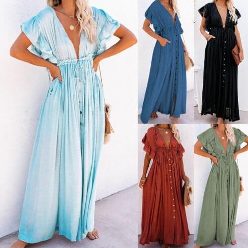 Summer Woman Dress Midi Ruffle Short Sleeve Deep V Neck Drawstring Long Bikini Cover Up Sunscreen Dress 2021 Beachwear for Beach