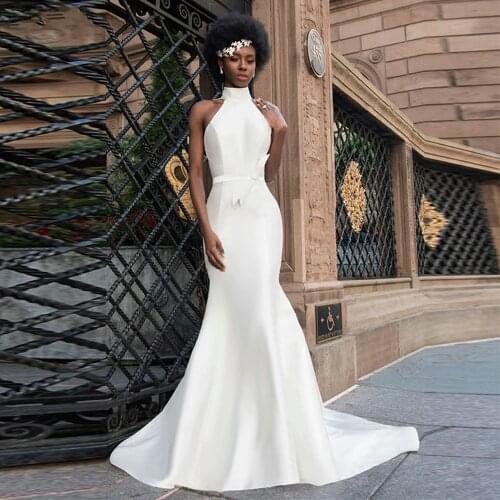 Halter African Mermaid Wedding Dresses 2021 Off the Shoulder Open Back Satin Bridal Gowns Floor Length Vestidos Robe De Mariee