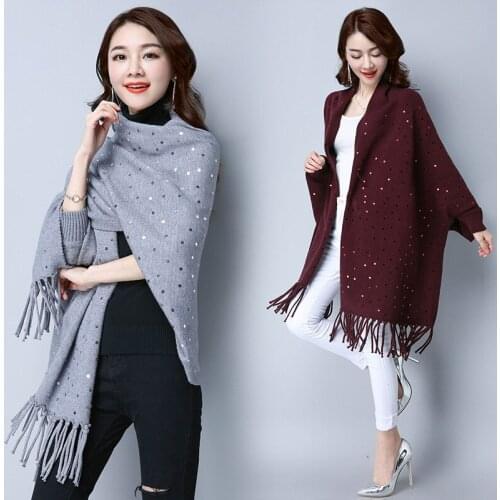 ZJZLL Luxury Shiny Pearl Embroidery Multicolor Wool Capes With Sleeves Warm Women Fringe Cashmere Cloak Shawl Poncho Winter Coat