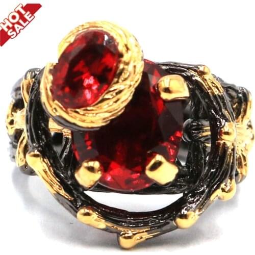 18x16mm Vintage Cool Black Gold Color Rings Hip Hop Luxury Created Blood Ruby Tanzanite Jewelry Wholesale Drop