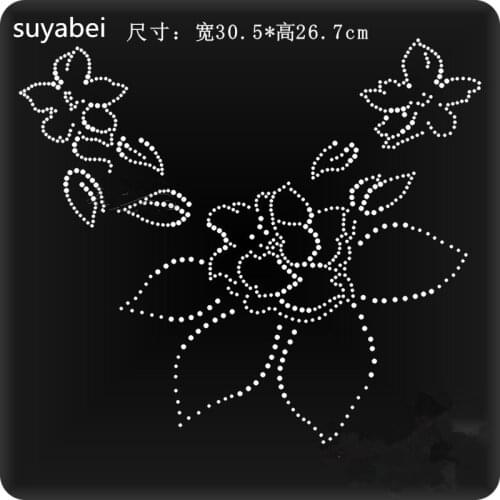 2pc/lot Big flower neckline rhinestone transfers iron on rhinestone transfer designs hot fix rhinestone applique for embellish