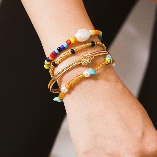 4 Pcs /Set New Bohemia Multicolor Rice Beads Chian Bracelet for Women Creative Shell Beads Turquoise Knotted Bracelet Set
