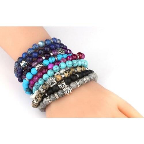 8mm 6rf53 Chakra Reiki Prayer Buddha Yoga elastic adjusted Charm nature stone agate Onyx dog volcanic lava Bracelet Bangles