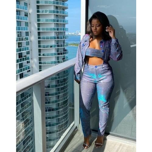 Glitter Filament Sexy Clubwear Women Mathing Sets Bomber Jacket + Tube Top + Trousers 3 Piece Outfits Crop Top and Pants Set XXL