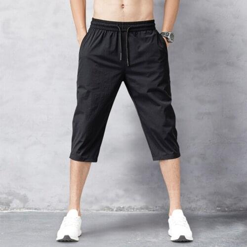 Summer Mens Pants Thin Nylon Cropped Trousers Solid Black Breeches Board Quick Drying Beach Shorts Plus Size Shorts For Men Man