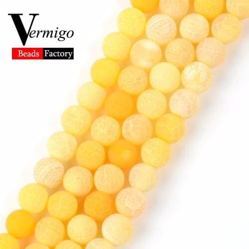 New Frost Cracked Yellow Agates Beads Natural Stone Round Loose Beads For Jewelry Making Ball Beads Diy Bracelet Necklace 15"