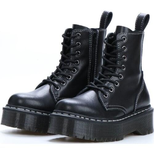 Black Woman Boots Real Leather Platform Motorcycle Boots Spring Winter Hand-made Cow Leather Women Gothic Ankle Boots Good-welt