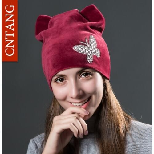 CNTANG Fashion Cute Butterfly Rhinestone Women Hats With Cat Ears Flannel Beanies Autumn Winter Warm Velvet Cats Caps For Girls