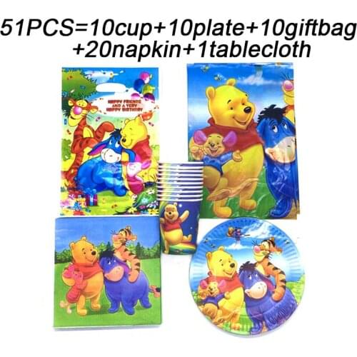 Kids Party Theme Cartoon Disney Winnie The Pooh Birthday Party Supplies Set Gift Bags Disposable Tableware Plates Cups Napkins