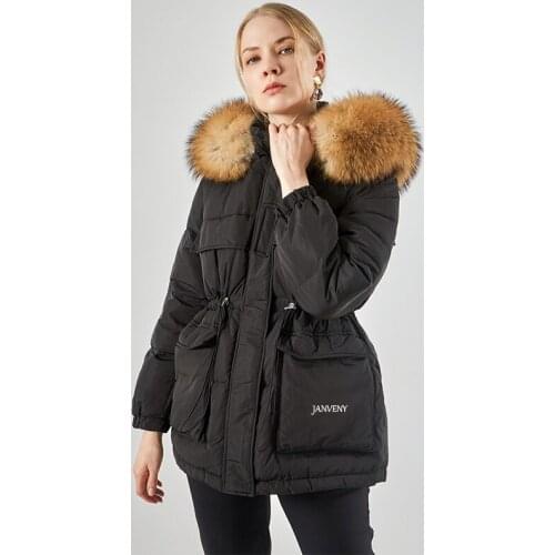 2021 High-End Light Luxury Big Raccoon Fur Hooded Women Loose Drawstring Mid Length Duck Down Jacket Thick Warm Female Outwear