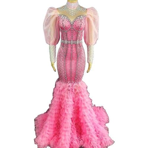 Fashion Tight Gauze Long Cascading Ruffle Tailing Dress Sparkling Embellished Beaded Pearl Puff Sleeve Dresses Stage Wear Lady
