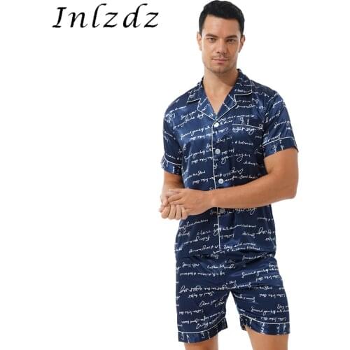 Mens Nightwear Loungewear Stylish Print Satin Pajama Set Two-piece Sleepwear Short Sleeve Shirt with Shorts Luxury Home Suits