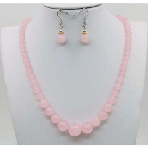 Lucky Stone Pink Crystal Chalcedony Necklace Chain Earring Sets Round Beads DIY Jewelry Party Gifts Accessories 15inch 6-14mm