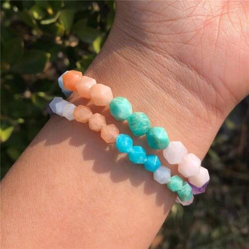 Natural Colorful Crystal Bracelet Facet Bead Amethyst Amazonite Aquamarine Sunstone Rose Quartz Healing Stone Women Jewelry Gift