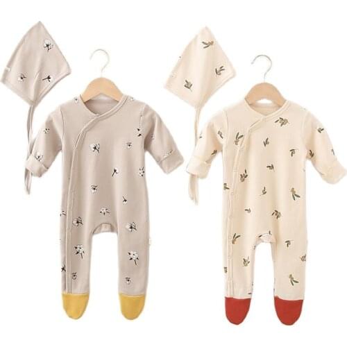 2021 Autumn New Korean Newborn Baby Footed Rompers Cotton Long Sleeve Olive/Moon Printed Infant Girls Jumpsuits Baby Boy Clothes