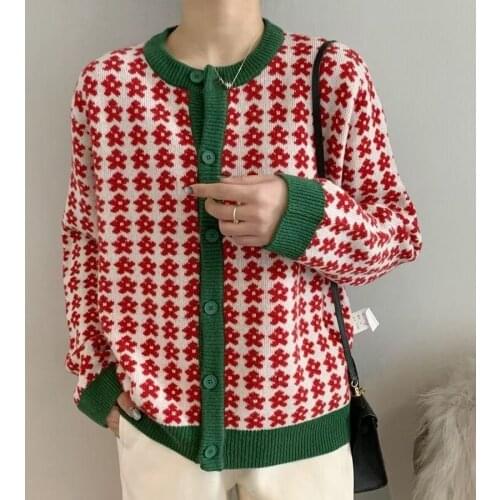 2021 Autumn and Winter New Knitted Cardigan Womens Sweater Jacket Fashion Color Matching Jacquard Loose and Thin Foreign Style