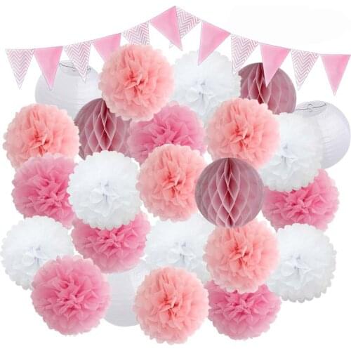 New DIY 25pcs/set Mi Primera Comunion Decor Pink hanging Paper Crafts Boy Girl Summer Party 20cm Green Pompom 8" White Lanterns