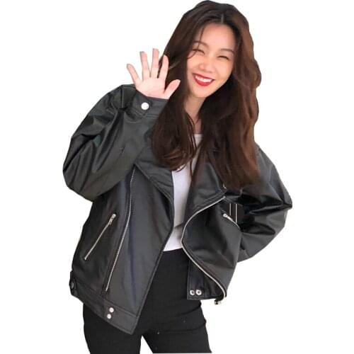 Autumn Faux Leather Jacket Women Casual PU Loose Motorcycle Jackets Female Streetwear Oversized Coat Korean Chic New FC1433