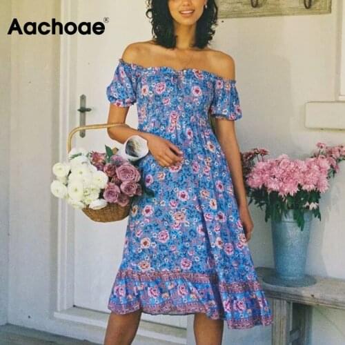 Aachoae Women Floral Print Off Shoulder Midi Dress Summer Short Sleeve Ruffles Chic Dresses A Line Boho Beach Dress Vestidos
