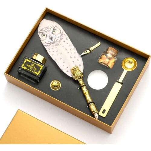 Retro Calligraphy Quill Owl Feather Dip Pen with Nib Wax Seal Stamp Gift Box Stationery