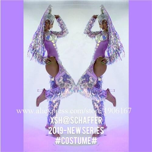 Sexy Lady Dance Team Suit Clothes With Wigs Headdress Nightclub Womens Purple Party Event Super Flash Laser Ballroom Costume