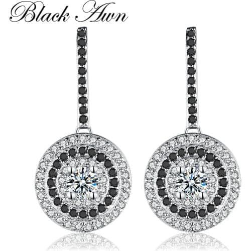 Classic Genuine 925 Sterling Silver Fine Jewelry Wedding Round Stud Earrings for Women Black&White Female Earring Bijoux T005