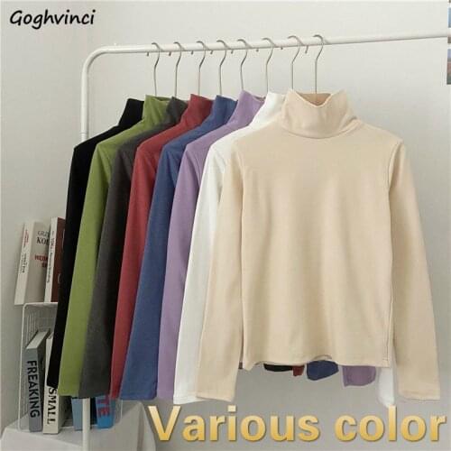 Women Long Sleeve Tshirts Turtleneck Solid Slim All-match Plus Velvet Colorful Korean Ulzzang Students Casual Womens Simple