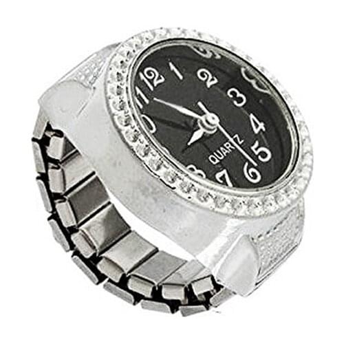 Ring Watch Quartz Silver Alloy Black Sphere for Women Dame