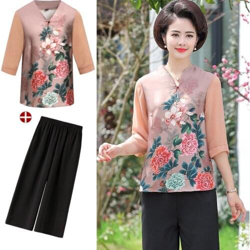 Two Piece Set Women 2019 Summer Printed Chiffon Top And Calf-Length Pants Mother Clothing Aets Fashion Female Plus Size Suit 921
