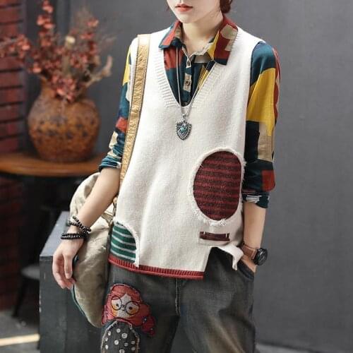 2021 Women Print Short Loose Sleeveless Vests Female Knitted V-Neck All-match Coats Top Ladies Simple Leisure Outwears H1071