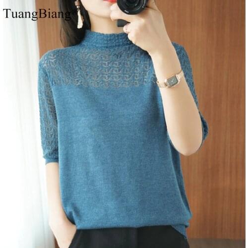 Summer Women knitted Short sleeve 2021 Thin Sweater Female Hollow out Lace Turtleneck Pullover Ladies knit Cotton Purple Jumpers