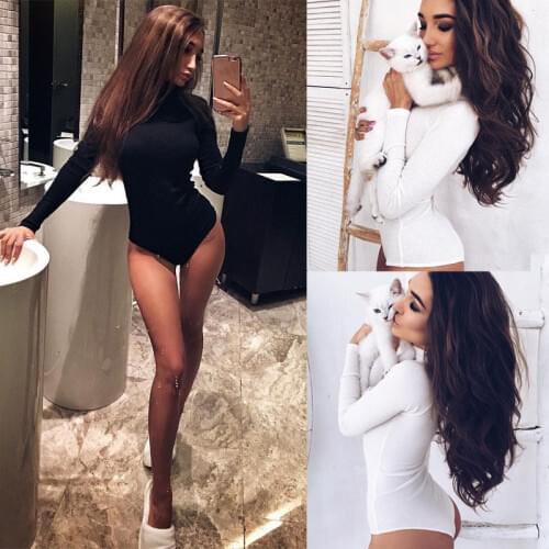 Women Ladies Sexy Fashion Bodysuit 2 Style Long Sleeve Turtleneck Solid Skinny White Black Clothes Size S-2XL