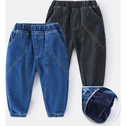 2020 Winter New Baby Boy Fashion Jeans Korean Elastic Waist Solid Casual Denim Trousers for Boys Kids Plus Velvet Warm Pants