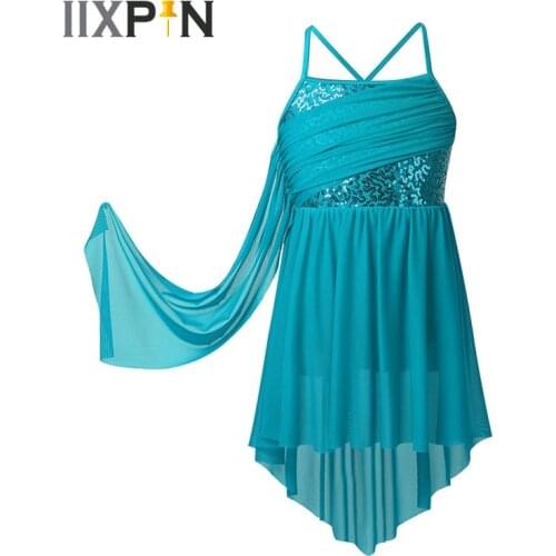 Kids Girls Shiny Sequins Leotard Dress for Lyrical Dance Costume Ballet Dress Dancewear Modern Contemporary Ballroom Dance Dress