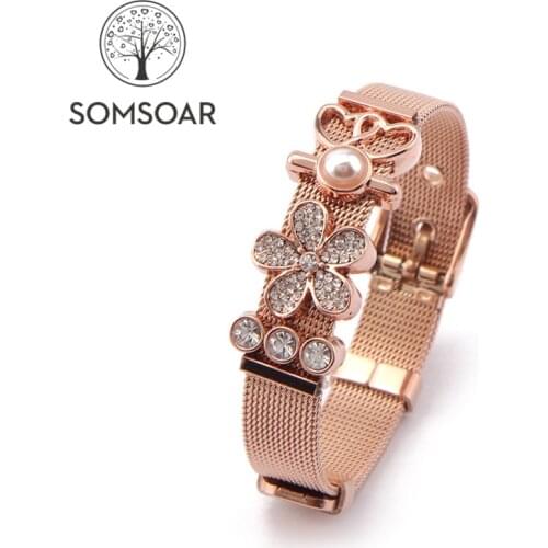 Dropshipping Somsoar Jewelry Love Mom Flower Mesh Bracelet Stainless steel DIY Charmbands Bracelet Bangle for Mothers Day gift