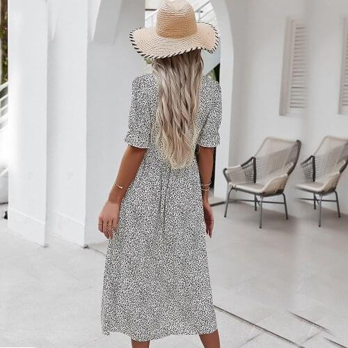 Elegent women summer dress 2021 Cotton And Viscose A-Line V-Neck Buttons Printing female Ankle-Length Dress