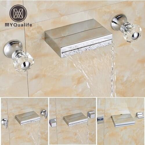 Chrome Finished Bathroom Wall Mout Basin Faucet Widespread Dual Handle Waterfall Bath Spout Mixer Taps