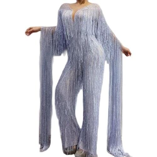 Fashion Silver Tassel Women Floor-Length Sleeve Jumpsuit Mesh Perspective Playsuit Nightclub Costume Birthday Party Outfit