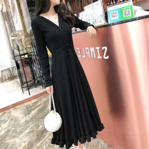 2021 Spring New Long Dress Slim Fit Slimming V-Neckline Versatile Long Sleeve Underdress Fashion Waist-Controlled Dress