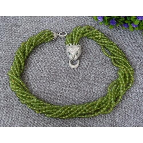 New 4MM 8strads natural peridot Round necklace-zircon pendant 17"