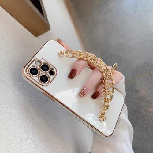New Fashion Electroplated Frame Phone Case with Gold Wrist Chain for iPhone 12 Girls Luxury Cover for iPhone 11/7/8/XS/X/XR