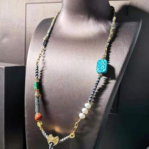 Chinese classical handmade necklace pendant rope natural gemstone jade blue turquoise pearl ancient gold pattern accessories