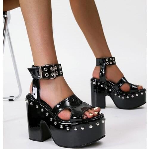 PXELENA 34-43 Plus Size 2021 Summer Women Chunky Block High Heels Platform Gladiator Sandals Rivet Punk Gothic Nightclub Shoes