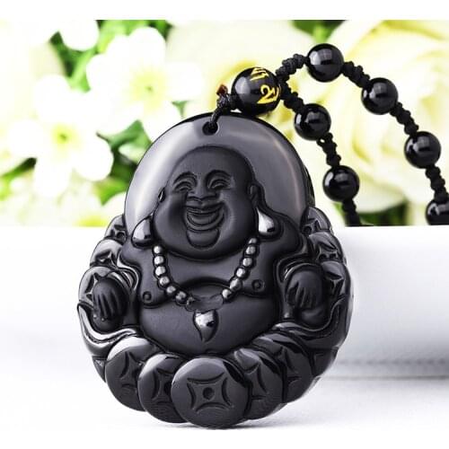 Real trabajo a mano chino obsidiana negra Natural tallada Buda dios de la fortuna amuleto afortunado colgante collar joyería de